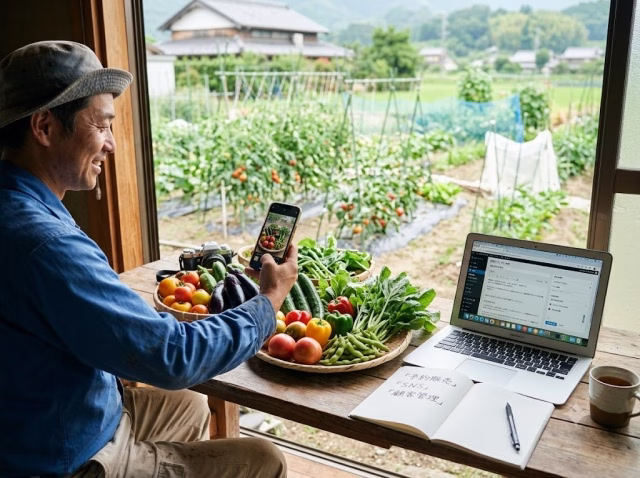 収穫した野菜をSNSやECで販売する準備をしている様子