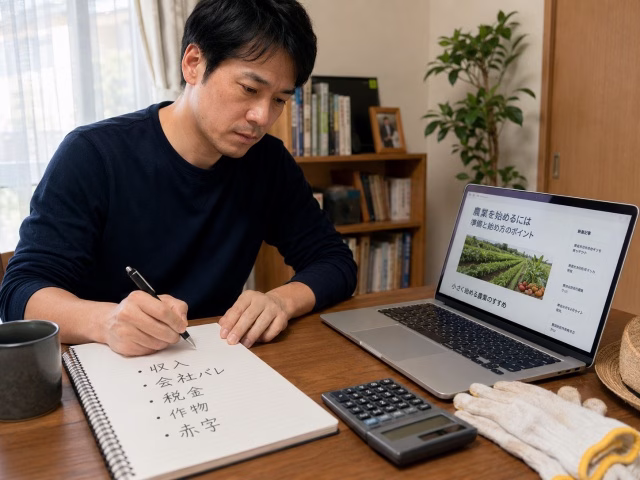 農業副業の収入や税金などの疑問をノートに整理している会社員
