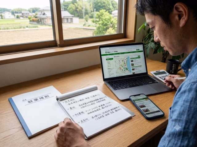 農業副業を始める前に就業規則や農地、中古農機具、直売所を確認している様子