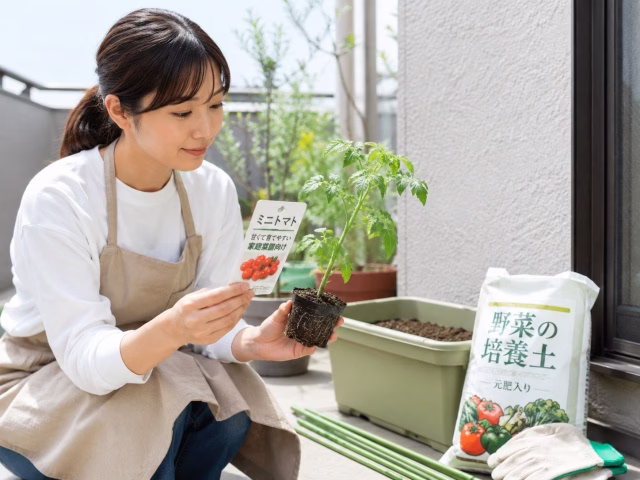 ミニトマトの苗を植え付け前に確認している家庭菜園の様子