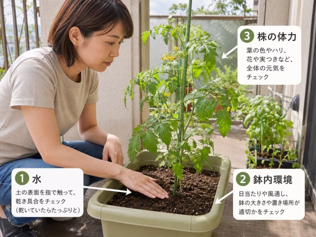 ミニトマトの株を前に土の乾きや葉色、鉢の環境を順に確認している様子