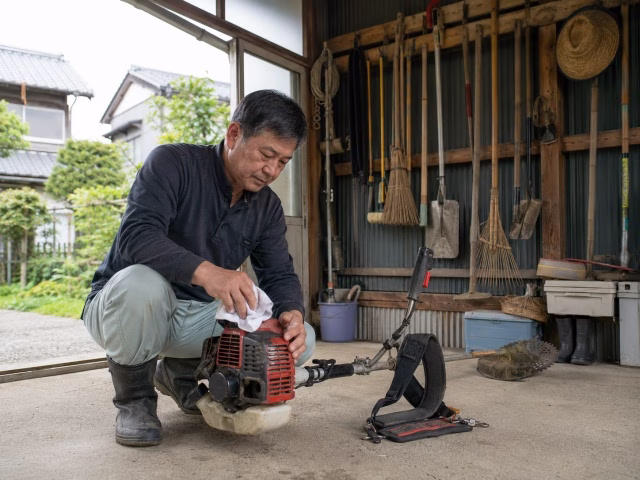 物置で草刈機を保管しながら手入れする人物