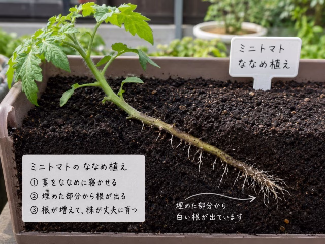 ミニトマトの寝かせ植えで茎から不定根が出る仕組み