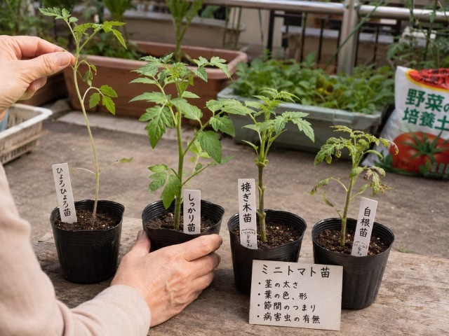 寝かせ植えに向く苗と避けるべき苗を比較している様子