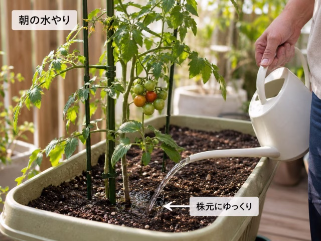 夏の朝にミニトマトの株元へゆっくり水やりしている様子