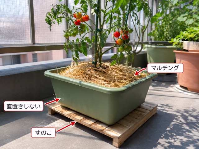 すのこの上に置いて照り返し対策をしたミニトマトのプランター