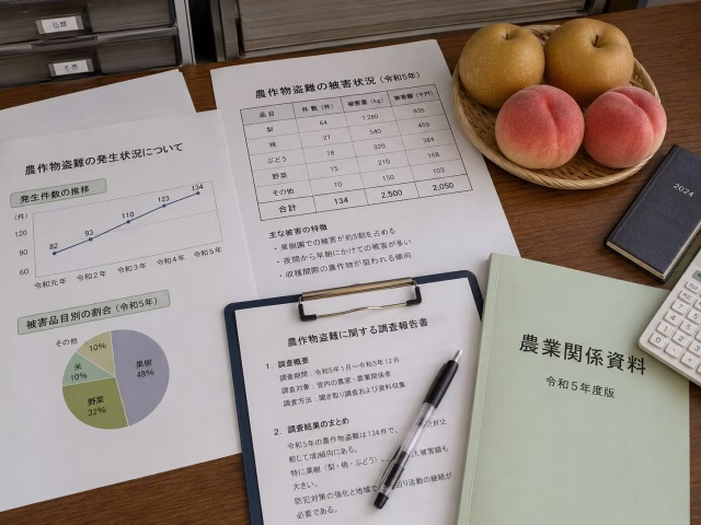 農作物盗難に関する資料とグラフを机上で確認している様子