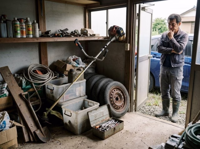 物置の中で場所を取っている草刈機