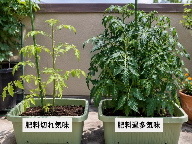 肥料切れ気味の株と肥料過多気味の株の見た目を比較した写真