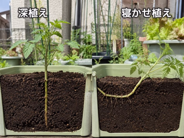 ミニトマトの深植えと寝かせ植えを比較した様子