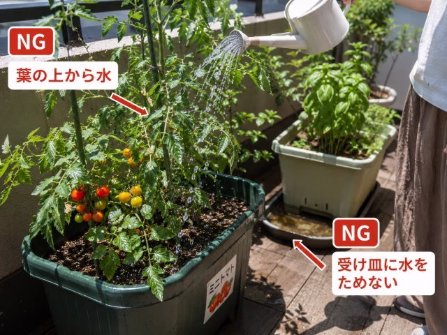 真昼の葉水や受け皿の水ためっぱなしなど夏のNG管理が分かる写真