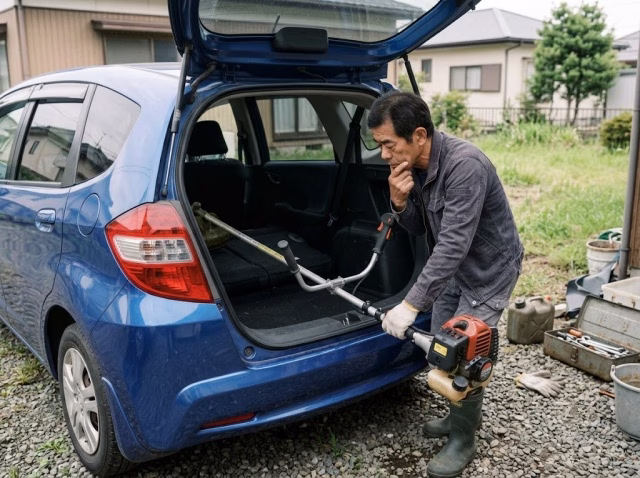 普通車に草刈機を積み込めるか確認している様子