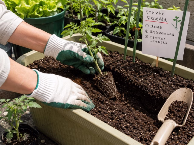 プランターでミニトマト苗を寝かせ植えしている作業風景