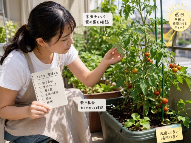 ミニトマトの株を見ながら夏の管理項目を確認している様子