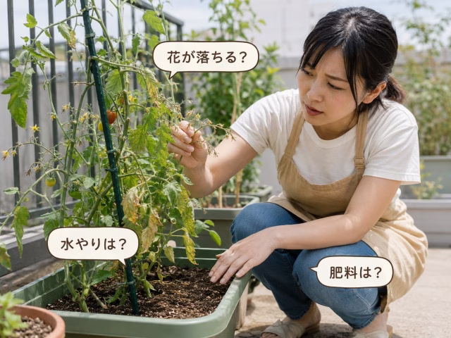 花落ちしたミニトマトの株を見ながら原因を確認している家庭菜園初心者