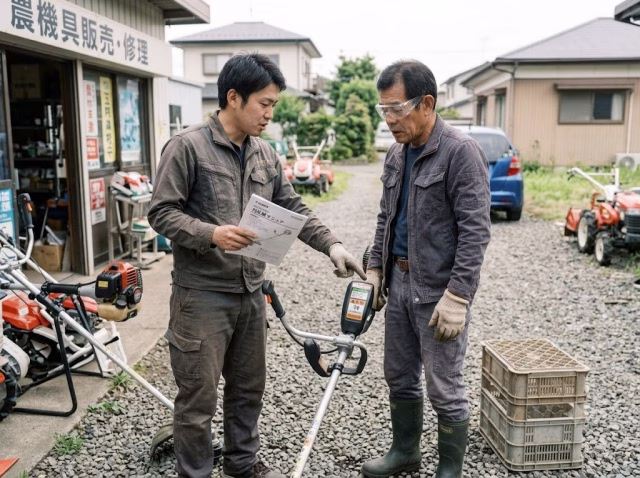安全装備を身につけて草刈機の機種確認をする利用者