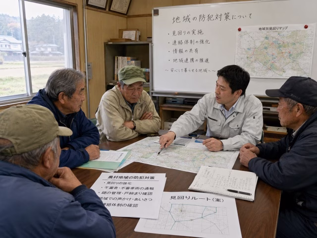 農家と地域関係者が地図を見ながら情報共有している様子