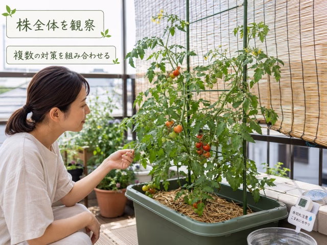 株全体を観察しながら猛暑対策を続けているミニトマトの様子