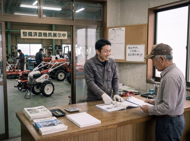 農機専門店でスタッフが利用者対応をしている様子