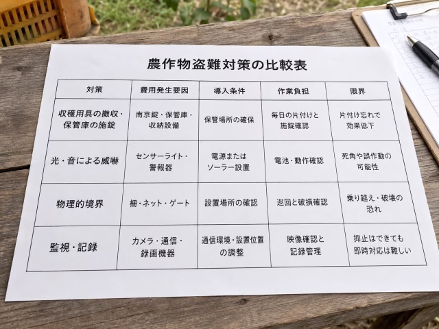農作物盗難対策の比較表を印刷した資料