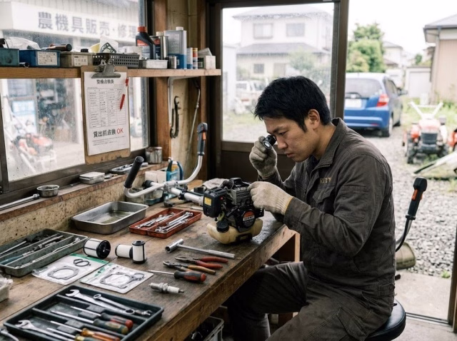 整備センターで草刈機を点検する整備士