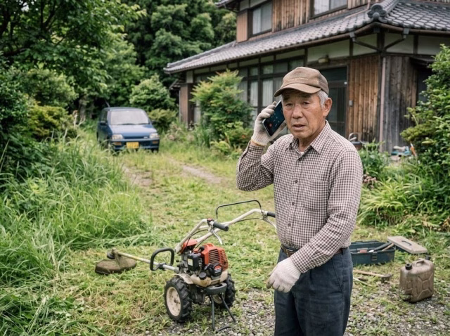 草刈り中にスマートフォンで農機店へ相談している人物