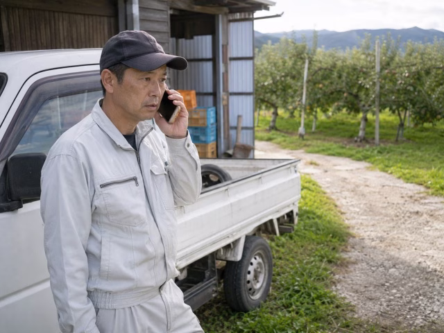 安全な場所からスマートフォンで通報する農家