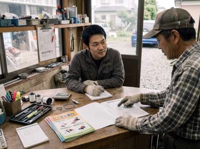 農機店の受付でレンタルについて質問する利用者