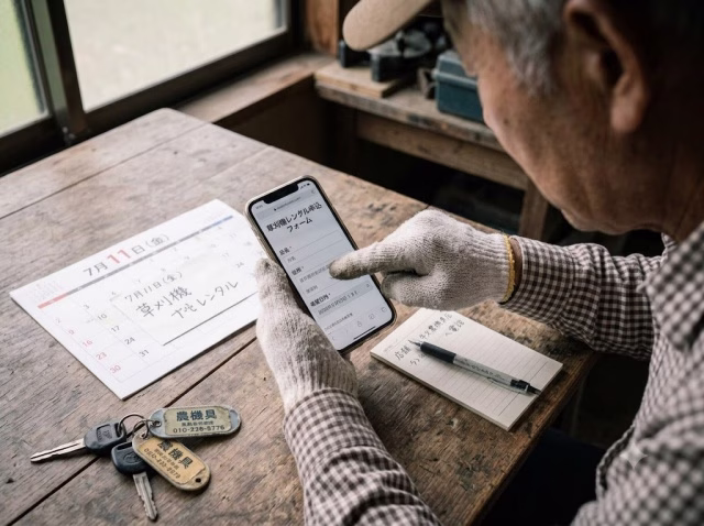 スマホとカレンダーを見ながら草刈機レンタルを検討している手元