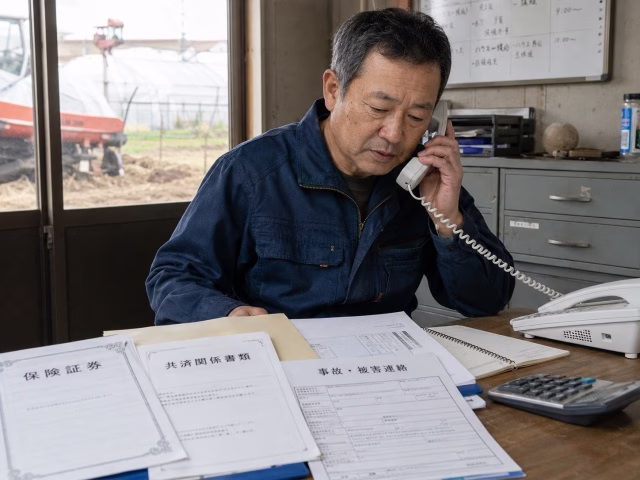 保険や共済の書類を確認しながら連絡する様子