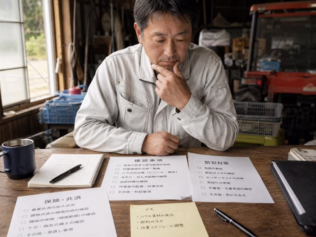 防犯や補償に関する確認メモを見る農家