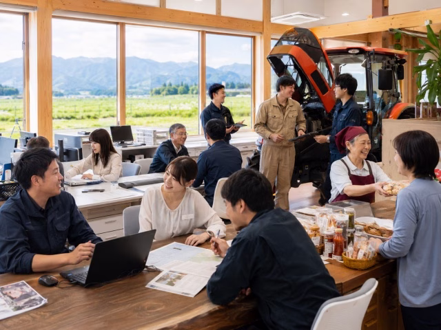 長野県の地方企業で幅広い年代の社員が働く様子