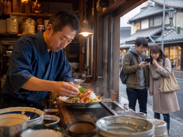 料理にこだわる地方飲食店とスマートフォンで店を探す若者のイメージ
