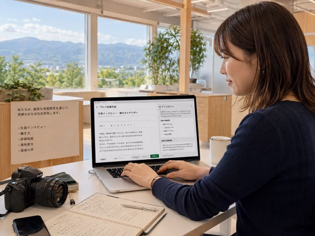 AIやSNSを活用して会社の情報を発信する広報担当者