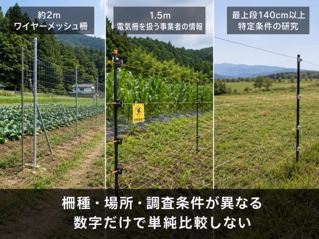 3種類の鹿対策柵の写真に、2m・1.5m・140cm以上という高さ情報を日本語で重ねた実写風比較画像