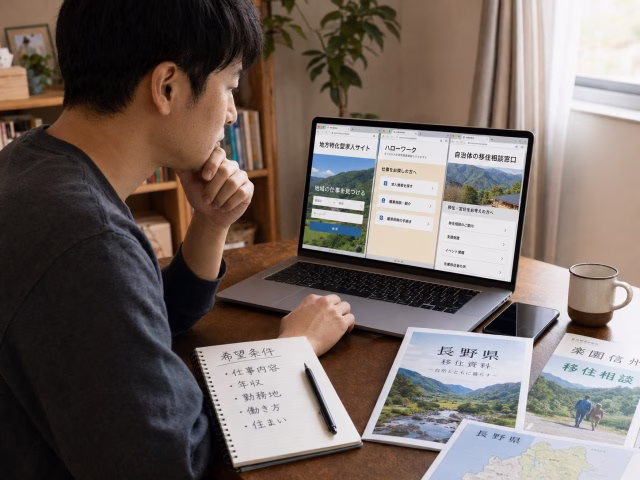 パソコンで地方企業の求人と移住情報を調べる転職希望者