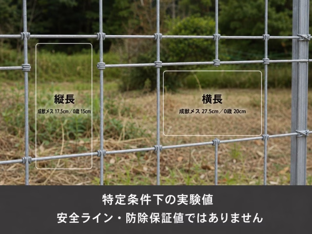 柵の隙間の写真に、縦長と横長の通過実験値を日本語で重ねた実写風画像