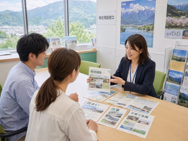 自治体の移住相談窓口で住まいや仕事について相談する移住希望者