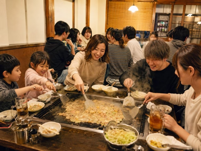 地方のもんじゃ焼き店で料理を楽しむ来店客のイメージ