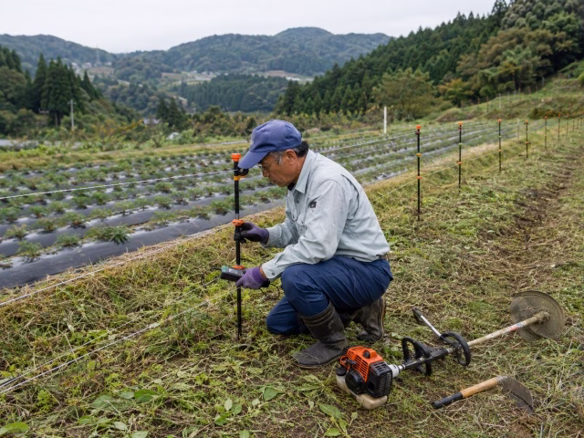 日本の農地で電気柵の周囲を草刈りしながら点検している実写風写真