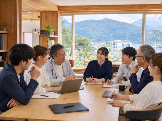 社員と対等に意見を交わす地方企業の経営者とチーム