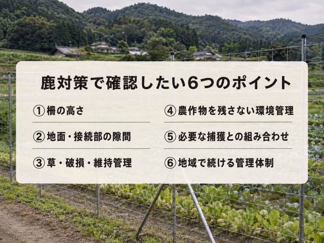 農地と防護柵の写真に、鹿対策で確認したい6つのポイントを日本語で重ねた実写風まとめ画像