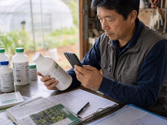 農薬の製品ラベルと登録情報を照合する農業者