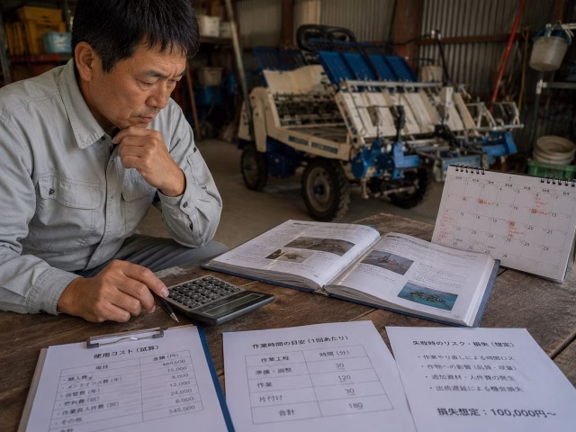 使用頻度の低い農作業を標準化するか検討する経営者
