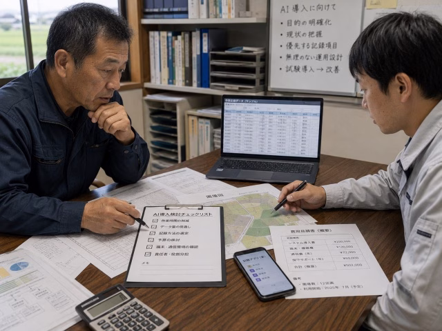 AI導入前の6つの条件を確認する農業経営者と担当者