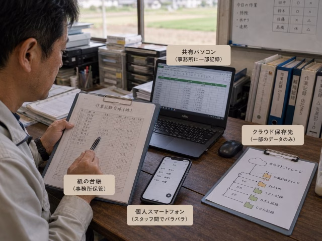 紙やスマートフォンなどに分散した農作業記録を確認するスタッフ