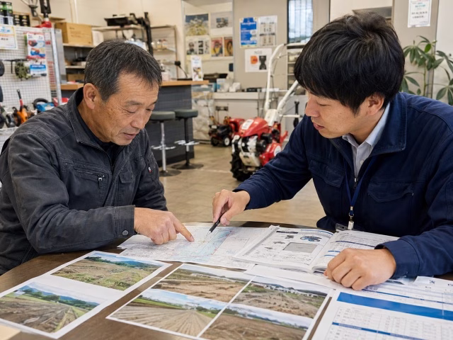 土地条件や保有機械を確認しながら農機選びを相談する様子