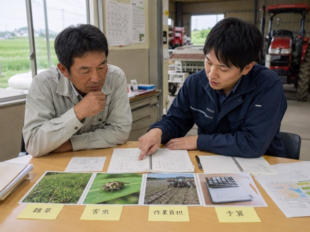 農家と専門スタッフが雑草管理の本当の課題を整理している様子