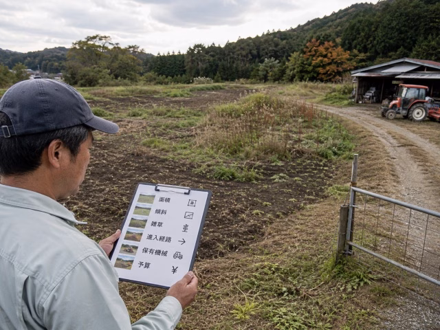 休耕地の面積や傾斜や進入経路を確認するためのチェックイメージ